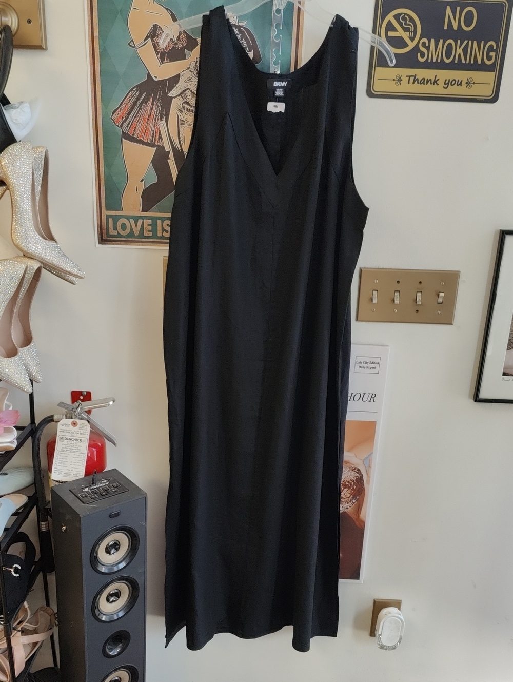 Dkny Black Linen Sleeveless V-Neck Long Dress